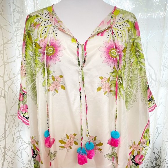 JOHNNY WAS white pink green floral print GALORE TASSEL TIE SILK PONCHO top - Picture 3 of 13